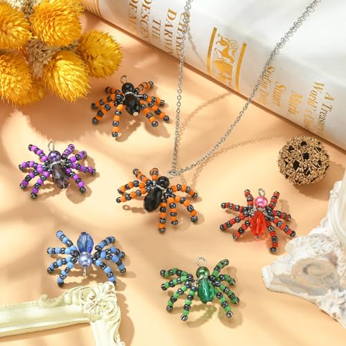 Ipotkitt 10 Pcs 5 Colors Halloween Glass Seed Spider Gothic Insect Crystal Mini Spider Charms with Platinum Brass Loops for Jewelry Making - color: 10pcs-Glass Spider Charms