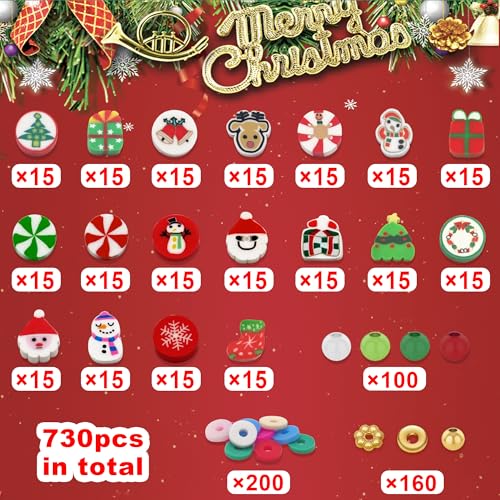 730pcs Christmas Polymer Clay Beads Bracelet Making Kit, Gold Beads Clay Bead Charms for Jewelry Making DIY Bracelet, Necklace, Earring, Christmas Charms Arts Crafts DIY Gifts - color: 1 Christmas model