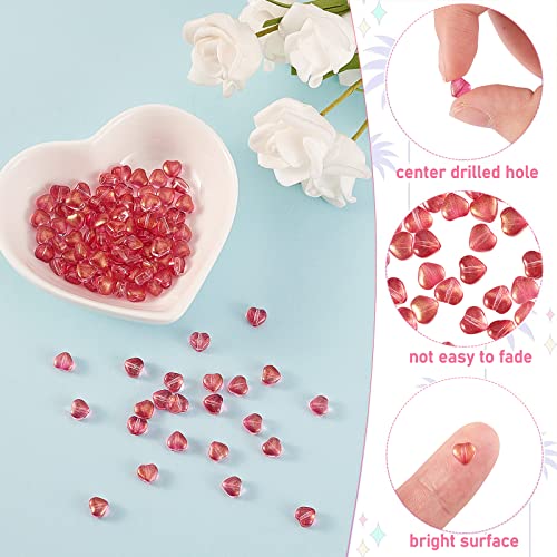 UR URLIFEHALL 100 Pcs Transparent Spray Painted Glass Beads with Glitter Powder Heart Spacer Cerise Beads for Jewelry Making DIY - color: 100pcs-6x6x4mm-cerise glitter heart glass beads
