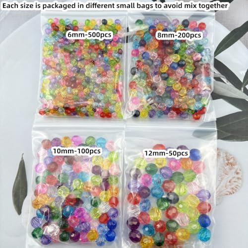 850pcs Acrylic Round Faceted Beads 6mm 8mm 10mm 12mm Faceted Round Spacer Beads for Bracelets Necklace Earring DIY Jewelry Making Craft(Mix Colors) - color: Mix Colors