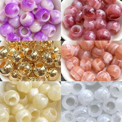 120Pcs Hair Beads for Braids Large Hole African Hair Bead for Women for Large Braids 14mm Brown Jumbo Pony Beads for Braiding Jewelry Making Macrame Crafts Assorted Colors Beading Supplies - color: pink, semi-transparent white, beige, raspberry red, rose