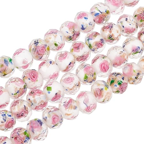 PH PandaHall 60pcs 9~10mm Rose Lampwork Beads Gold Sand Glass Beads Handmade Flower Glass Beads Round Loose Beads for Rosary Making Jewelry Craft Making with 1.5~2mm Hole - White - color: White, size: 10mm