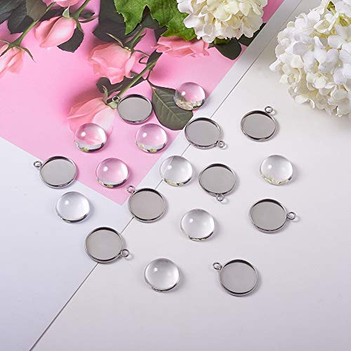 FASHEWELRY 10 Sets Stainless Steel Flat Round Bezel Pendant Trays with Half Round Glass Cabochon Clear Dome for DIY Jewelry Making - color: 16mm-10 Sets