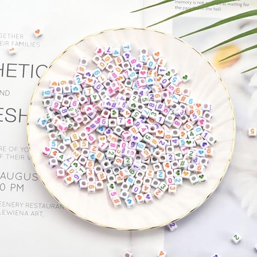 800Pcs Square Number & Heart Beads, 6x6mm Acrylic Beads for Friendship Bracelets - color: Number and Heart Beads