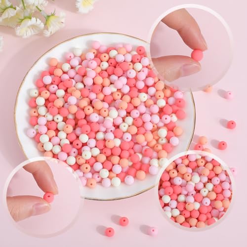 1 Box 500Pcs Candy Color Acrylic Beads Round Frosted Bead Bulk 8mm Plastic Balls Pastel Matte Mix Gumball Loose Spacer Beads for Jewelry Making Bracelets Necklaces Earrings Keychain Adult - color: Pink