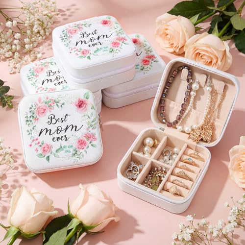 Kacctyen 12 Pieces Best Mom Ever Mini Travel Jewelry Case Bulk Mother's Day Church Gifts Watercolor Flowers Women Party Favor Gift for Secretary Girls Leather Travel Jewelry Case - color: Green Leaves and Flowers