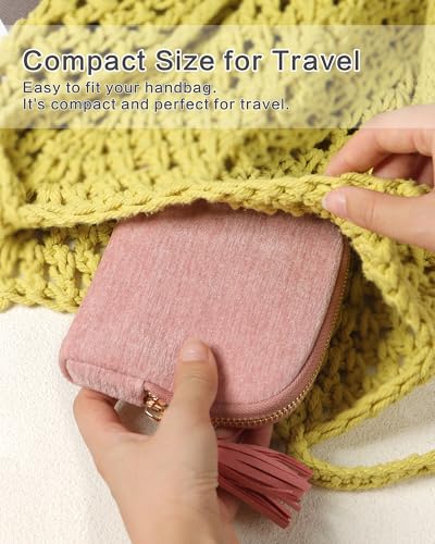 Travel Jewelry Case, Small Velvet Jewelry Bag with Zipper, 5-Layer Anti-Scratch Pouch for Bracelets Necklaces Earrings, Tangle-Free Jewelry Storage, Gift for Her Chenille Velvet Pink - color: Pink