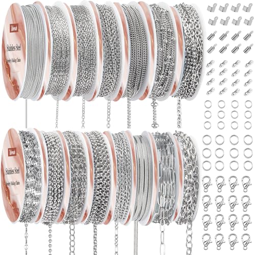 Wisreach Necklace Chains for Jewelry Making, 118 Feet 15 Rolls Stainless Steel Jewelry Chains for DIY Necklace Bracelet Making with Stainless Steel Jump Rings/Lobster Clasps/Connectors - color: Silver
