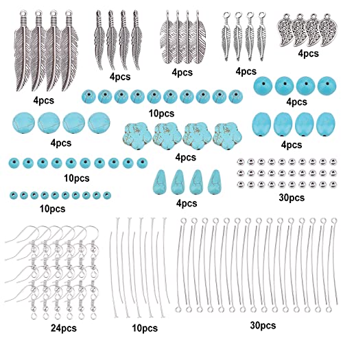 SUNNYCLUE 1 Box DIY 12 Pairs Turquoise Bead Dangle Earrings Making Kit Alloy Enamel Leaf Feather Pendants Charms with Eye Pin & Earring Hooks for DIY Earring Jewelery Making, Antique Silver - color: 1 Box Diy 12 Pairs Turquoise Bead Earrings Kit