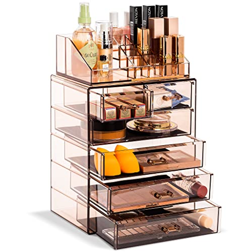 Sorbus Acrylic Makeup Organizer Set, 6-Drawer Vanity & Countertop Cosmetic Storage with Small & Wide Compartments, Bronze Glow Makeup Storage for Brushes, Jewelry – Holiday Gift for Women & Teens - color: Bronze Glow, size: 4 Large, 2 Small Drawers