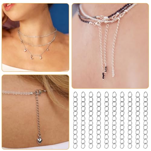 100 PCS Extender Chain for Jewelry Making Silver Necklace Extenders Removable Bracelet Extender Chains Extension Tails for Necklace Bracelet Anklets Key Chain - color: Silver