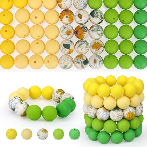 100 Pcs 15mm Silicone Beads for Keychain Making, Pink Gream Silicone Beads Bulk Round for Bracelets Pens Crafts Jewelry Making (Green Yellow) - color: Green Yellow