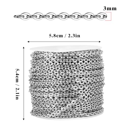 [66 Feet/ 20M] Stainless Steel Chain Bulk, 3.0mm 304 Stainless Steel Chains Flat Cable Link Chain Bulk for Jewelry Making DIY Craft - color: Stainless Steel, size: 3.0mm width