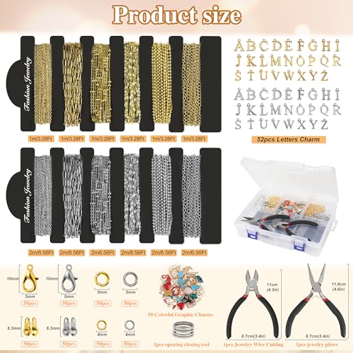 59FT 18K Gold Necklace Chains for Jewelry Making 12 Rolls Gold Plated Stainless Steel Jewelry Chains Kit with 52 Letter Pendants,Pliers,Jump Rings,Lobster Clasps Accessories for DIY Necklace Bracelet - color: 18k Gold Plated+Stainless Steel 59Ft