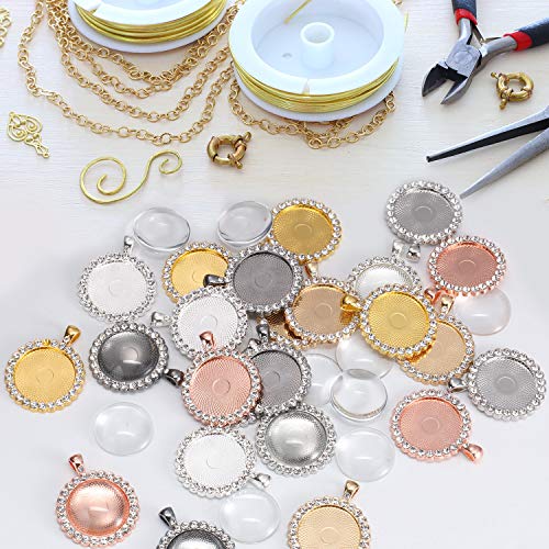 Hicarer 48 Rhinestone Bezel Pendant Trays 24 Pcs Gold Silver 25 mm Round Bezel Trays Blank Pendant Bases with 24 Transparent Glass Cabochons for Photo Making Crafts Wedding Jewelry Gifts