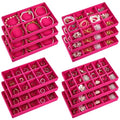 Junkin 12 Pcs Jewelry Tray Velvet Stackable Jewelry Organizer Trays Divided Earring Accessories Storage Containers Box (Rose Red) - color: Rose Red