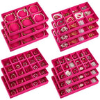 Junkin 12 Pcs Jewelry Tray Velvet Stackable Jewelry Organizer Trays Divided Earring Accessories Storage Containers Box (Rose Red) - color: Rose Red