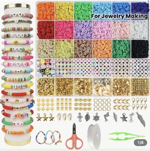 DIY Clay Bead Bracelet Making Kit, Colorful Flat Heishi Beads with Letter, Smiley Face Beads, Charms, Elastic String and Tools for Jewelry Making