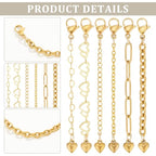 CRAFTYMELODY 12Pcs 18K Gold Necklace Extenders 6 Style Necklace Bracelet Extension Chains Neacklaces Extender Chain with Heart Charms Jewelry Findings for Jewelry Making