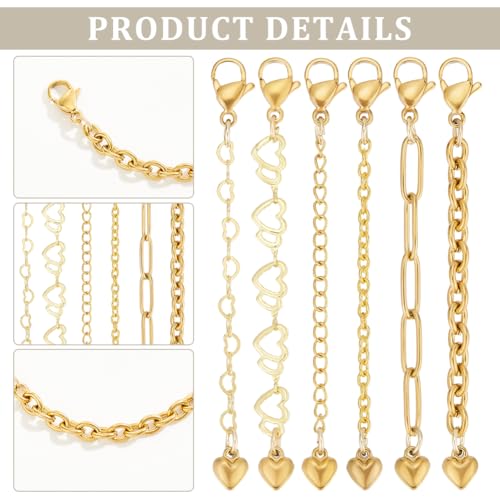 CRAFTYMELODY 12Pcs 18K Gold Necklace Extenders 6 Style Necklace Bracelet Extension Chains Neacklaces Extender Chain with Heart Charms Jewelry Findings for Jewelry Making