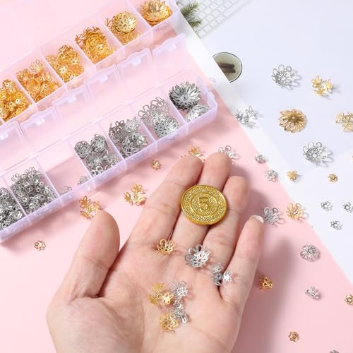 816Pcs Bead Caps, Antique Gold and Silver Metal Alloy Flower Spacer Bead End Caps, 7 Styles for DIY Jewelry Making Supplies