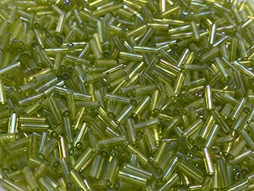 Czech Bugle Beads 40 gr / 1.4 oz Glass Tube Size #3 7mm (Lime Green Iridescent) - color: Lime Green Iridescent