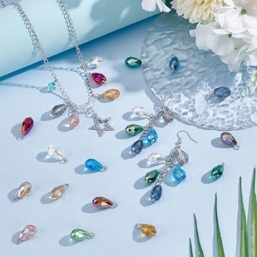 PH PandaHall 70pcs 14 Colors Faceted Teardrop Charms 20mm AB Color Glass Crystal Pendants, Glass Charms Beads Dangle Pendants for Necklace Earring Bracelet Jewelry Craft Making