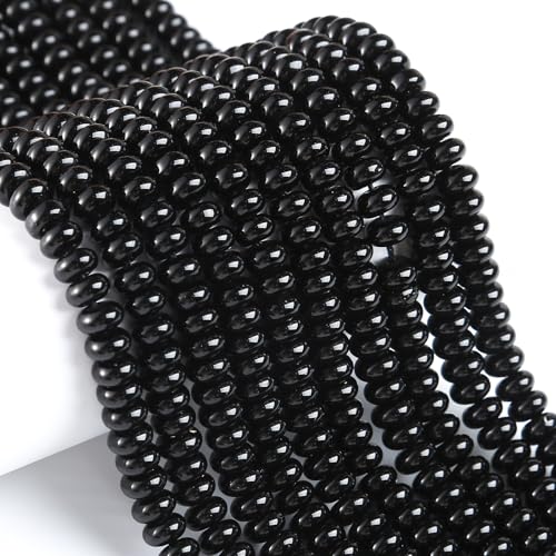 76pcs 5x8mm Natural Stone Black Agate Rondelle Spacer Loose Beads Abacus Disk Stone Round Loose Gemstone Beads for Jewelry Making DIY Bracelet Necklace - color: Black agate Stone, size: 5x8mm Abacus Disk