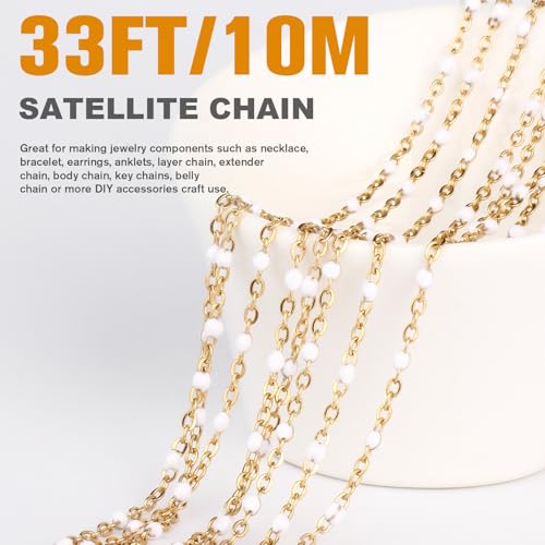 33 Feet Gold Enamel Chains Bulk, 2mm 18K Gold PVD Plated 304 Stainless Steel White Enamel Beaded Cable Link Chain Roll Spool for Jewelry Making - color: Gold White Beads