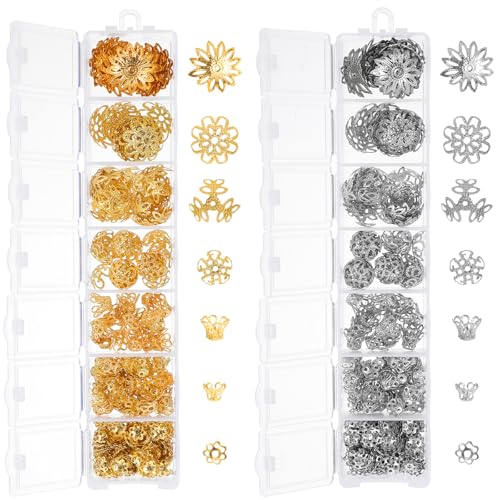 816Pcs Bead Caps, Antique Gold and Silver Metal Alloy Flower Spacer Bead End Caps, 7 Styles for DIY Jewelry Making Supplies