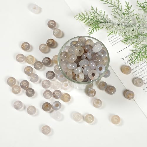 Nupuyai Pack of 30 14x8mm Large Hole Stone Loose Beads for Jewelry Making, Polished Rondelle European Beads fit Charms Bracelet, Grey Agate - color: Grey, size: 14x8mm