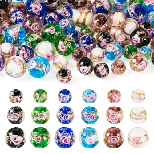 Elecrelive 72Pcs Round Glow in The Dark Beads Gold Sand Flower Lampwork Beads Multicolor for DIY Bracelet Necklace Earring Jewelry Making - color: 6 Colors