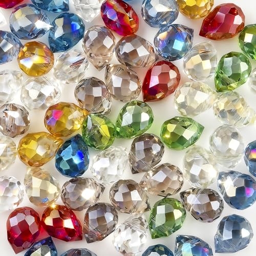 100pcs Mixed Color Faceted Crystal Glass Beads 8x10mm, 8 Colors Shiny Teardrop Beads for Jewelry Making, Rainbow Crystal Bead for Bracelet Necklace Earring DIY Craft - color: Rainbow