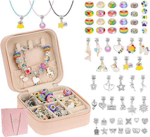 Hysagtek Charm Bracelet Making Kit - 66 Pcs DIY Jewelry Making Kit Bracelet Making Kit Beads Necklace Crafts for Teen Girls with Portable Bracelet Organizer Box, Rainbow - color: Pink