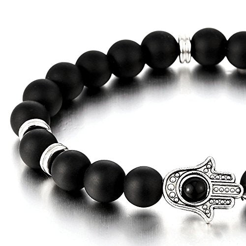 Hamsa Hand of Fatima Protection – Bead Bracelet for Women Men with Black Onyx – Buddhist Prayer Mala