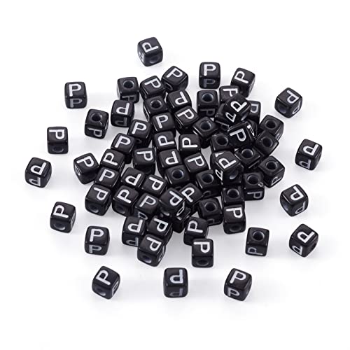 FASHEWELRY 500Pcs Cube Acrylic Letter Beads 5x5x5mm Black Square Letter P Alphabet Beads for DIY Bracelet Necklace Jewelry Making - color: Letter P