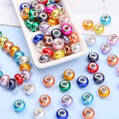 PIPITREE 100PCS Acrylic Beads 9 * 14mm Focal Beads for Pens Acrylic Flat Bulk Bead Imitation Pearl Mixed Color 6mm Large Hole Bead for Keychains Beadable Pens DIY Crafts Jewelry Making & Gift Giving - color: Imitation Pearl