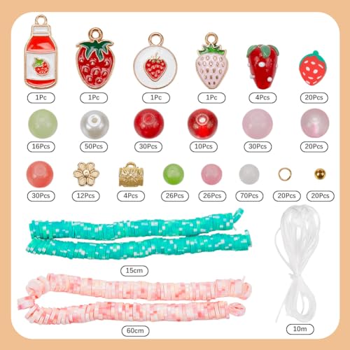 SUNNYCLUE 1 Box About 390Pcs 4 Sets Bracelet Making Kit Strawberry Bracelet Kits Polymer Clay Glass Fruit Flower Wire Beads Sets for Jewelry Making Adults Supplies Women Beginners Adults Starter - style: Strawberry