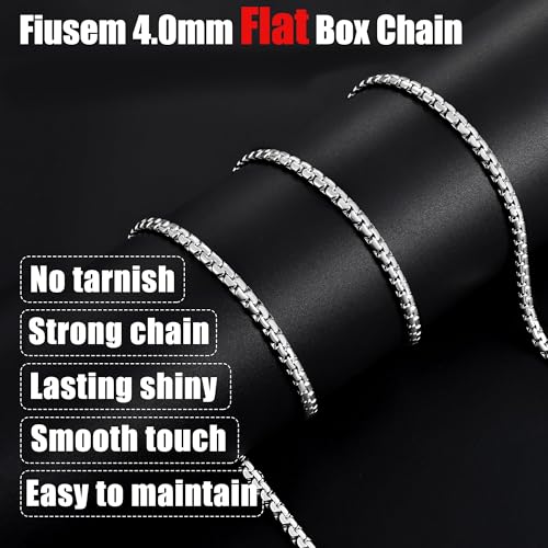 Fiusem Flat Box Chains for Men, 2.5/3/4/4.5/5mm Silver Tone Box Chain Necklace, Stainless Steel Necklaces for Men and Women 16-28 Inches, Jewelry Gift - size: 20 Inches, style: Silver 4MM