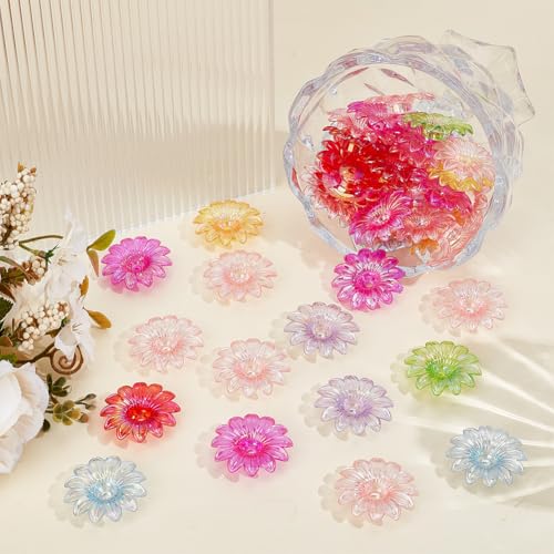 1 Box 100PCS Flower Bead Caps with Large Holes Ab Color Transparent Acrylic Floral Plastic Flowers Spacer Loose Beads Charm Bulk for Adults Jewelry Making Necklaces Bracelets DIY Crafts