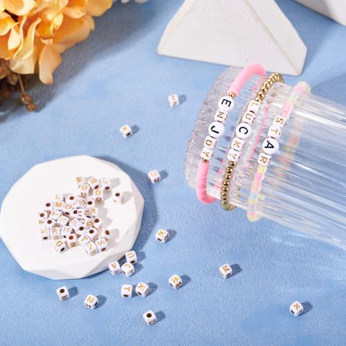 FASHEWELRY 500Pcs White Golden Letter Beads 4.5mm Square Alphabet Beads Acrylic Cube Letter U Beads for Friendship Bracelet Necklace Keychains Jewelry Making - color: Letter U