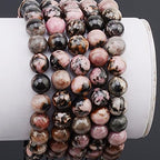 MASSIVE BEADS Natural Healing Power Gemstone Crystal Beads Unisex Adjustable Macrame Bracelets - color: Pink Black Rhondonite, size: 8mm