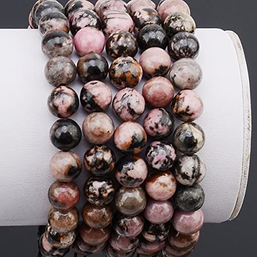 MASSIVE BEADS Natural Healing Power Gemstone Crystal Beads Unisex Adjustable Macrame Bracelets - color: Pink Black Rhondonite, size: 8mm