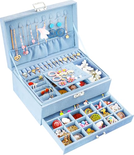 QBestry 3-Layer Jewelry Box for Girls & Teens with Lock and Key, Large Jewelry Organizer with 8 Necklace Hooks & 56 Earring Holes, Blue Velvet Jewelry Storage Box for Necklaces Earrings Rings Bracelet - color: Light Blue