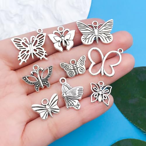 Youdiyla 144Pcs Ancient Silver Butterfly Series Pendant Jewelry Making DIY Keychain Earrings Pendant Various Design Charms for Jewelry Making Bracelets Necklace (SN10) - color: SN10