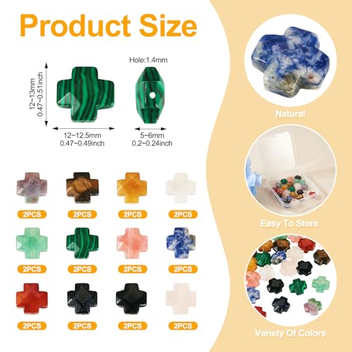 24 Pcs Cross Beads for Jewelry Making Small Cross Gemstone Beads Crystal Crucifix Bead Charms for Easter Holiday Eid Mubarak Ramadan Christmas Necklace Jewelry Making 12-12.5mm - color: 12 Colors-Mix Stones