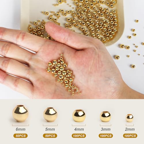 400 Pcs Mix 18K Gold Filled Spacer Beads (2/3/4/5/6mm, 5 Size) for Jewelry Making, DIY Bracelet, Necklace, Earring, Bulk Supply - size: Mix-400pcs