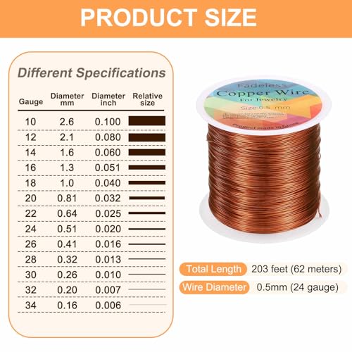 HARFINGTON Wire 203ft Length 24 Gauge Copper Craft Jewelry Wrapping Wire Tarnish Resistant Beading for Jewelry Making Supplies Crafting, Coffee - color: Coffee