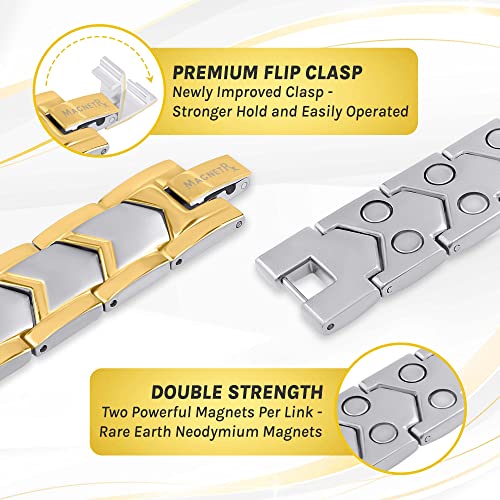 MagnetRX® Ultra Strength Magnetic Bracelet – Effective Stainless Steel Metal Bracelets for Men – Adjustable Length with Sizing Tool for Perfect Fit (Silver & Gold) - color: Gold & Silver Arrow Style (2X Strength)