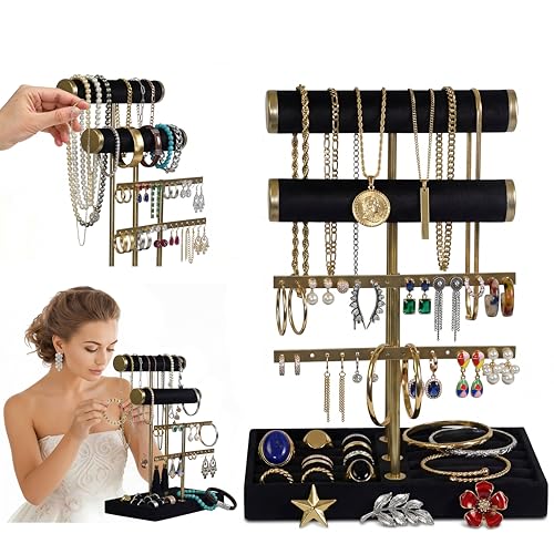 Jewelry Tower Stand Organizer for Women - Soft Touch Velvet Elegant Jewelry Holder Display with Necklace Holder, Earring Organizer & Bracelet Rack - Tabletop Stand for Dresser, Vanity, Desk - Black - color: Black